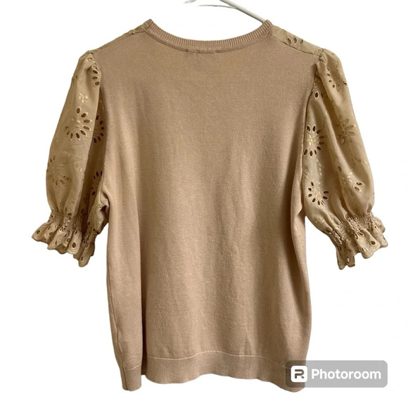 Adrianna Papell Women Med Knit Short Sleeve Eyelet Puff Sleeve Blush Pink Blouse - Picture 2 of 9